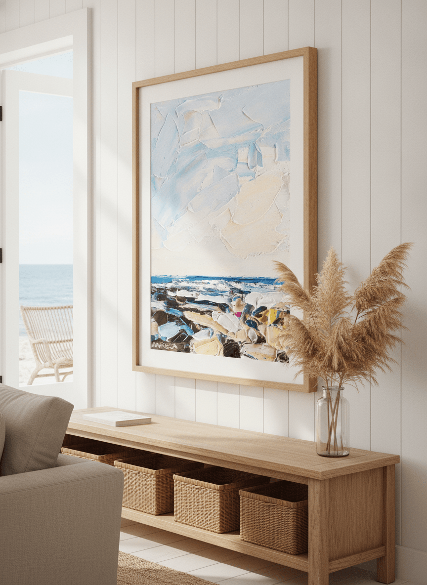 Neutral wall art displayed in a sunny coastal beach house