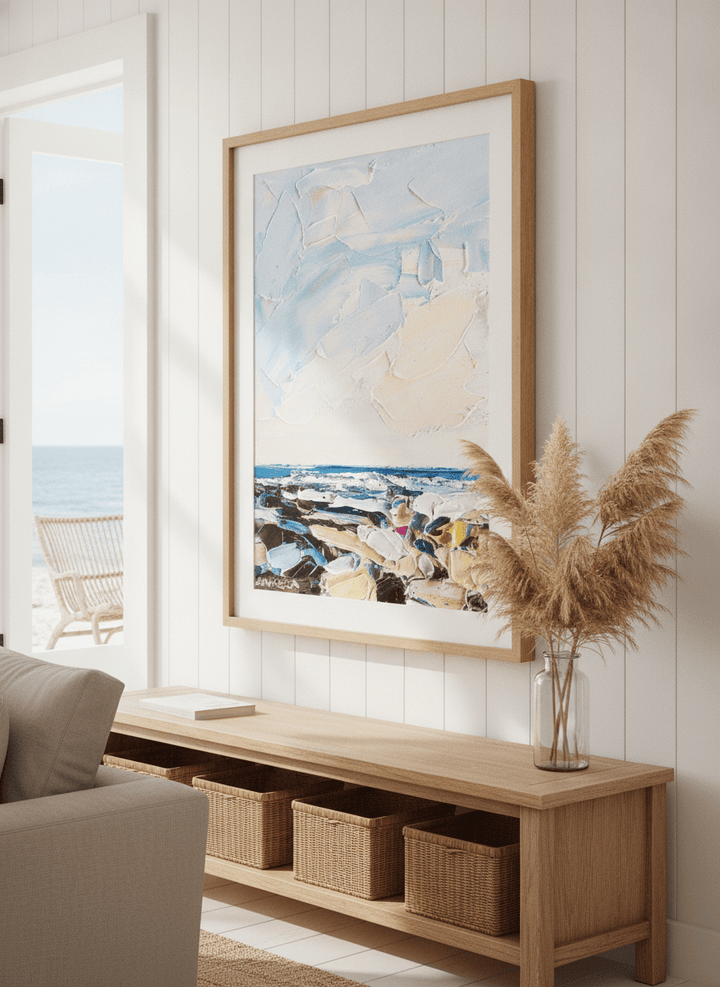 Neutral wall art displayed in a sunny coastal beach house