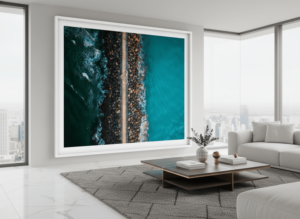 Monumental artwork centred on a feature wall in a luxe interior