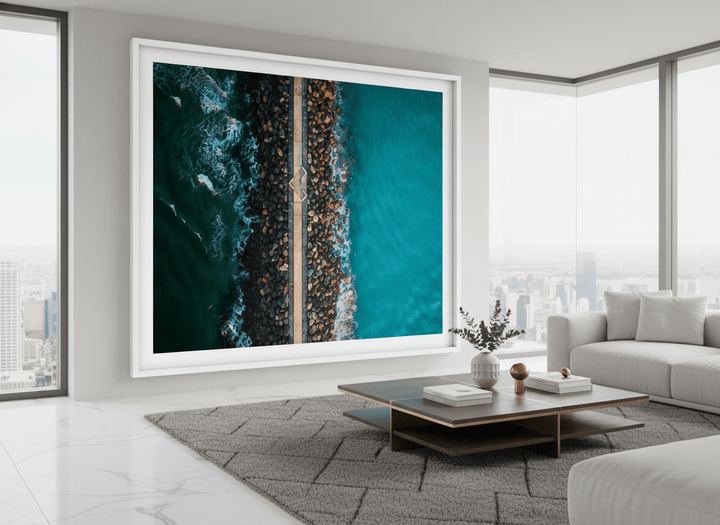 Monumental artwork centred on a feature wall in a luxe interior