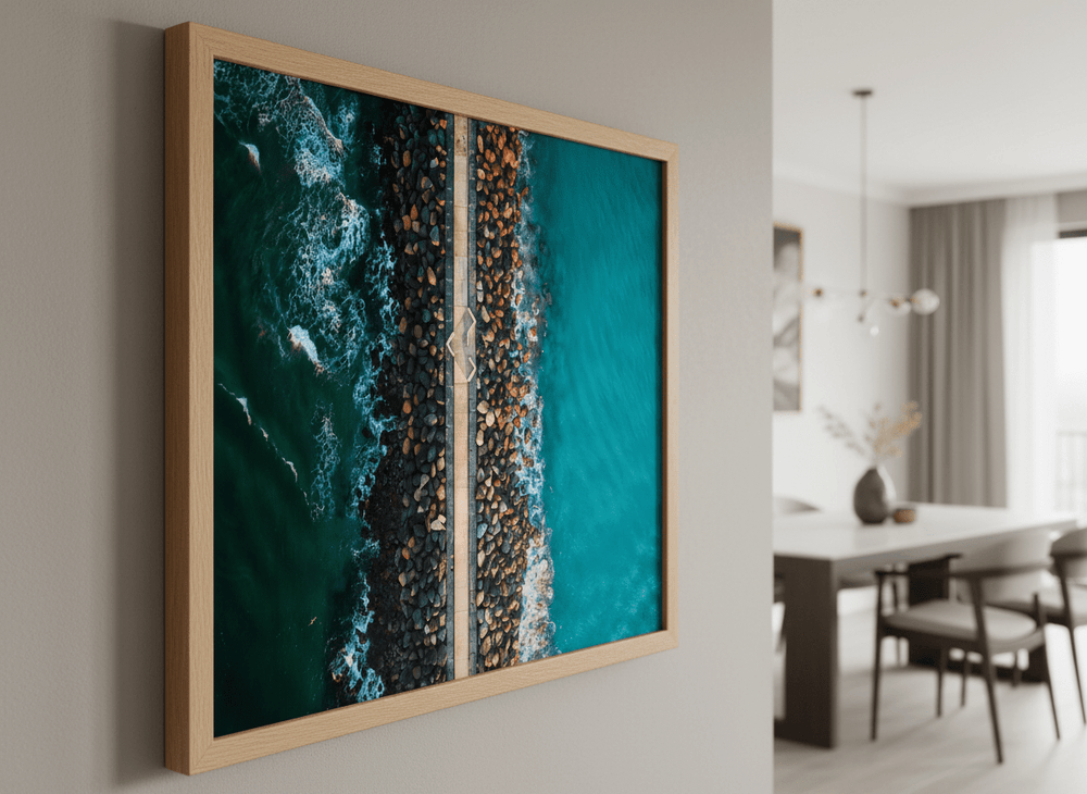 Wall art styled above a dining table in a contemporary home