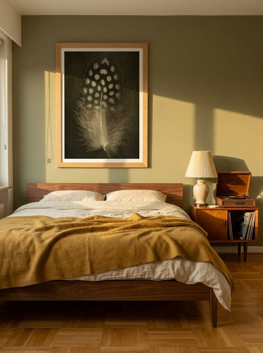 Modern wall art print styled on the wall in a mid-century bedroom