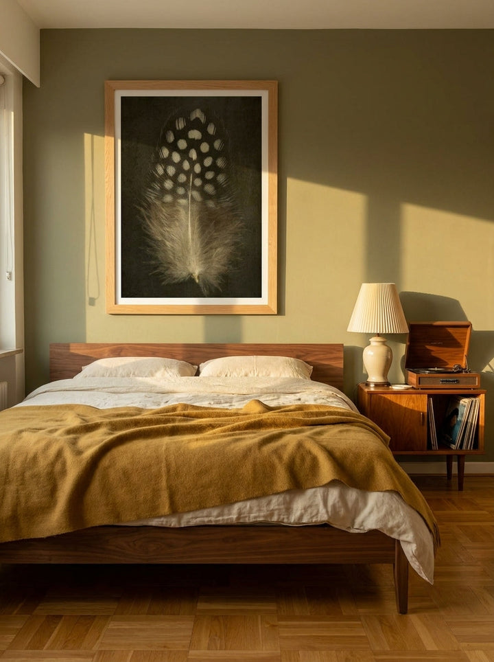 Modern wall art print styled on the wall in a mid-century bedroom