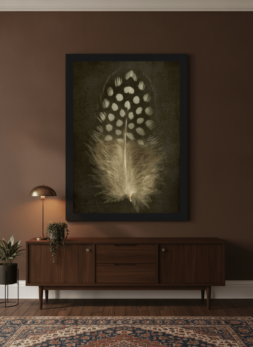 Oversized statement modern wall art print styled on the wall in a moody living room