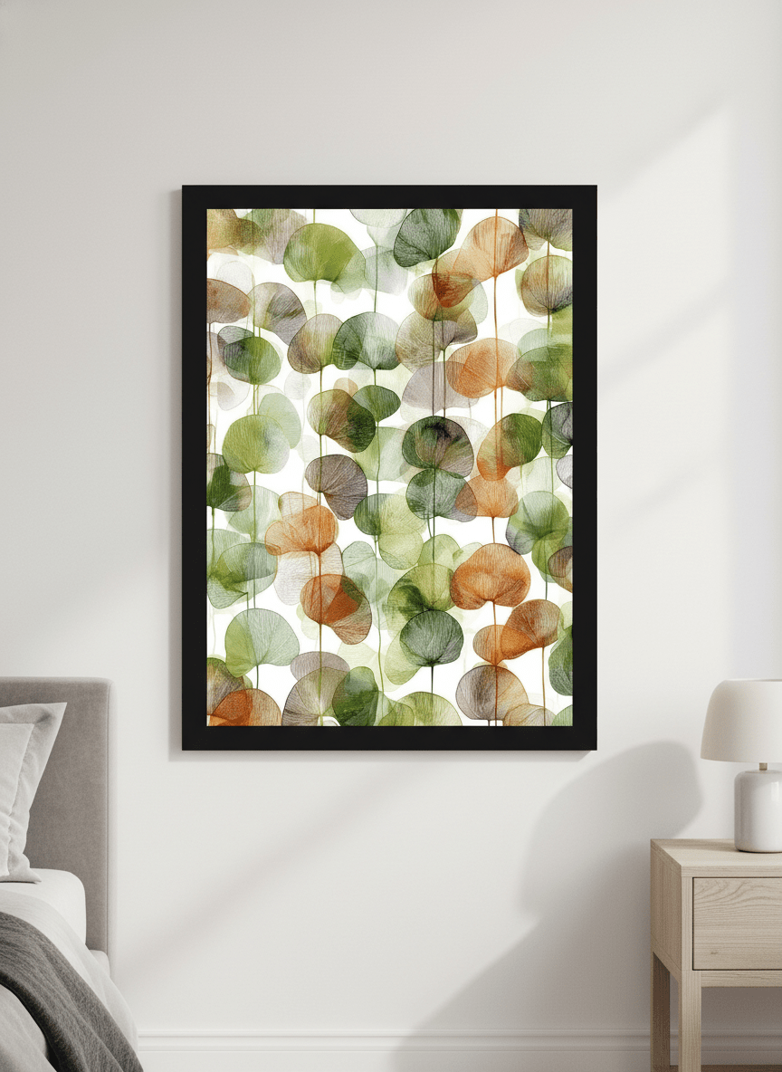 Minimalist artwork displayed in a calm, light-filled bedroom interior