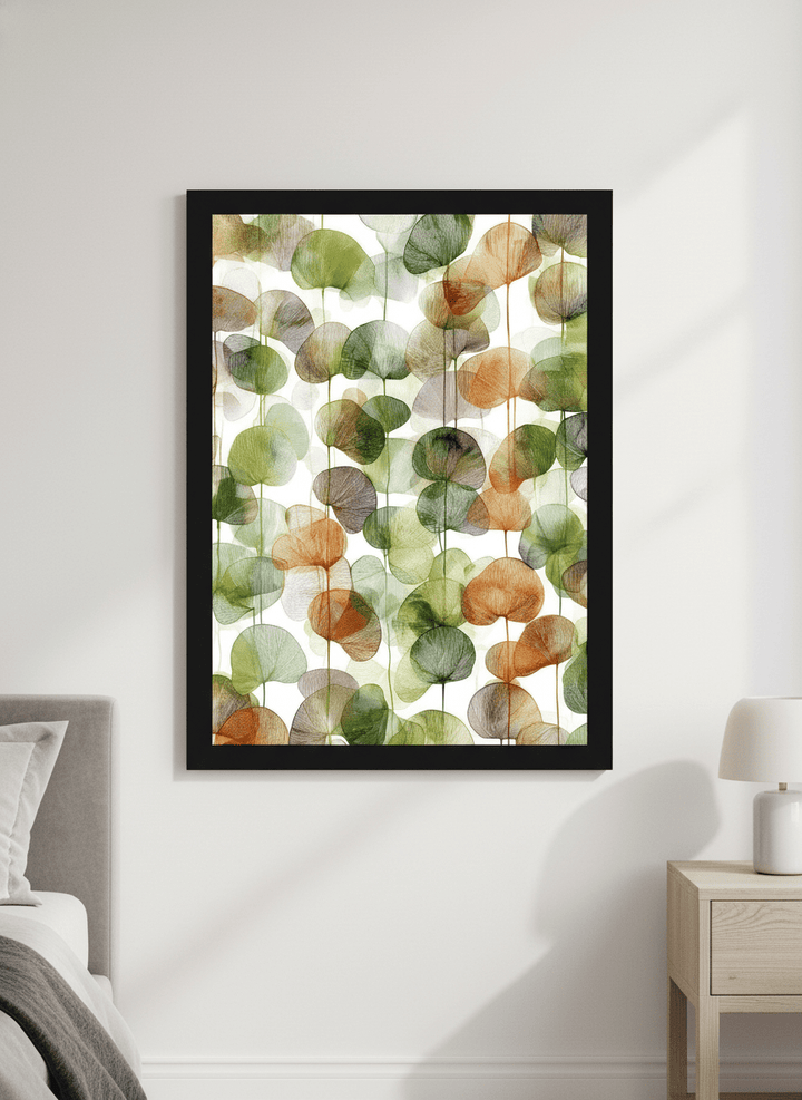 Minimalist artwork displayed in a calm, light-filled bedroom interior