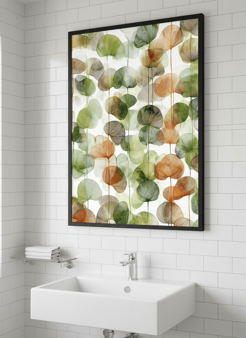 Modern print displayed in a clean minimalist bathroom setting