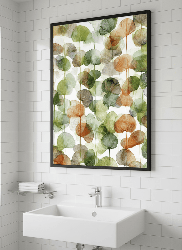 Modern print displayed in a clean minimalist bathroom setting