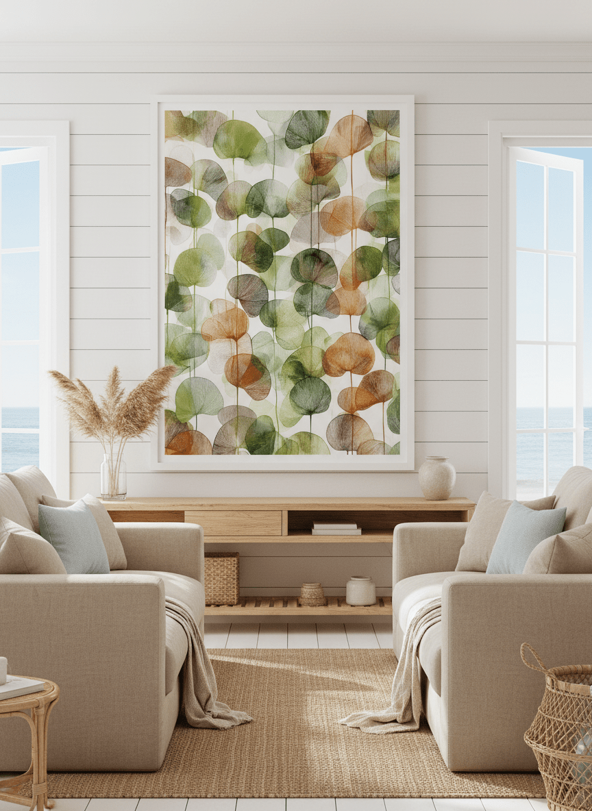 Neutral wall art displayed in a sunny coastal beach house