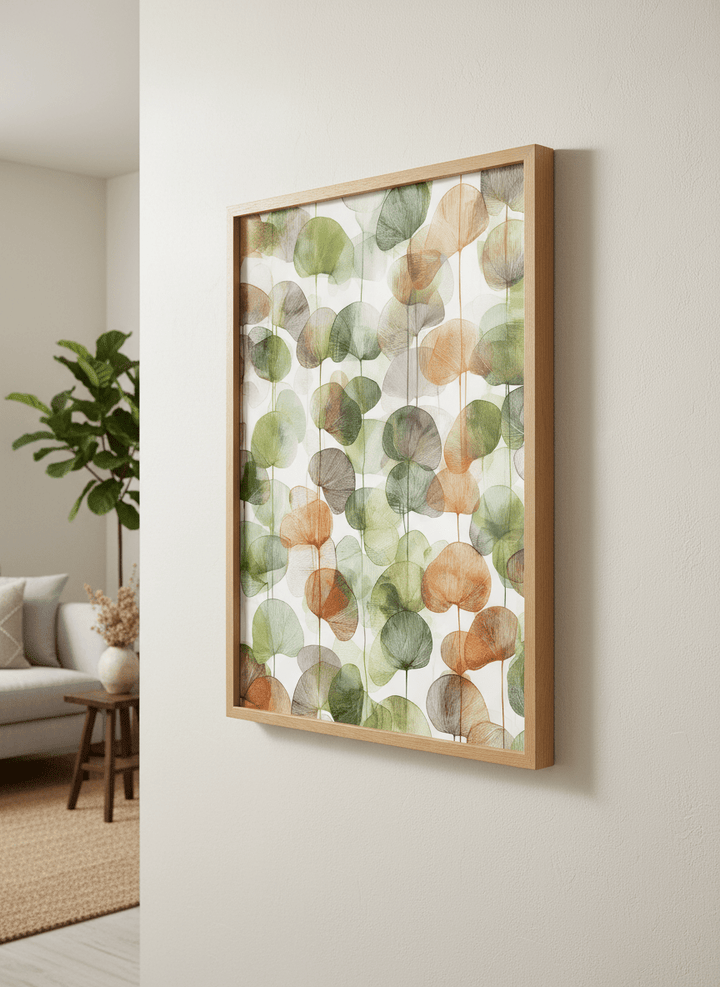 Modern wall art styled above a sofa in a neutral living room