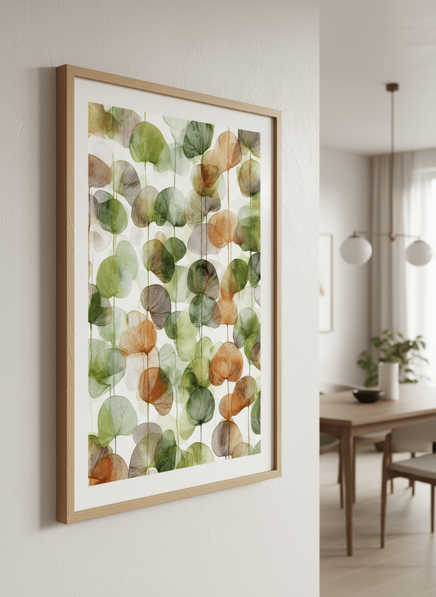 Wall art styled above a dining table in a contemporary home