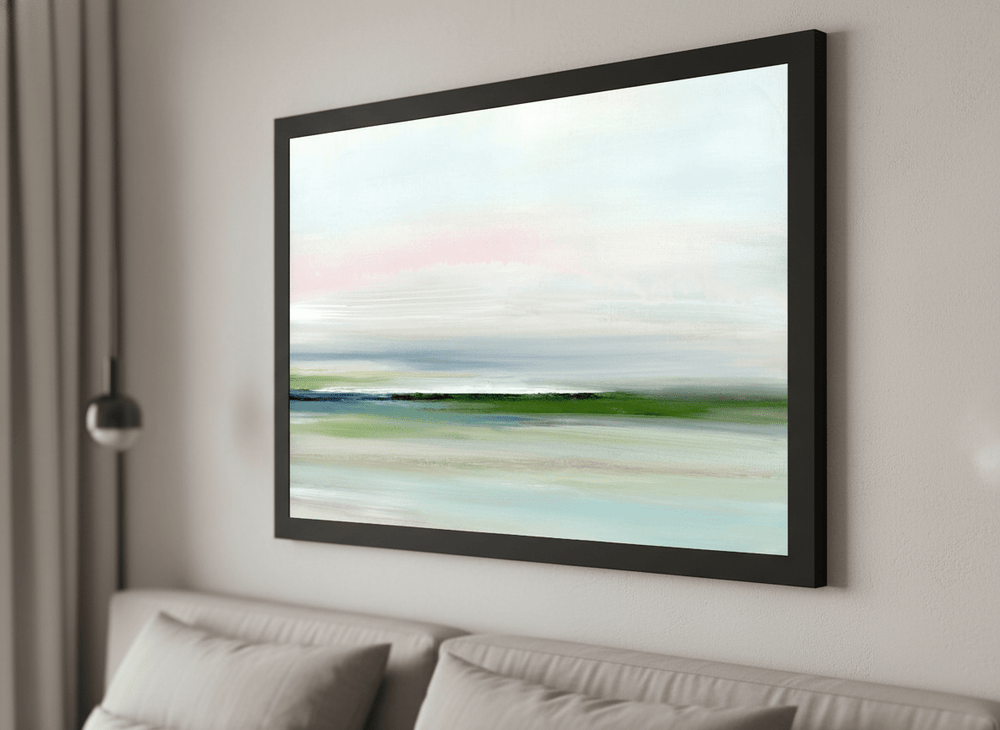 Minimalist artwork displayed in a calm, light-filled bedroom interior