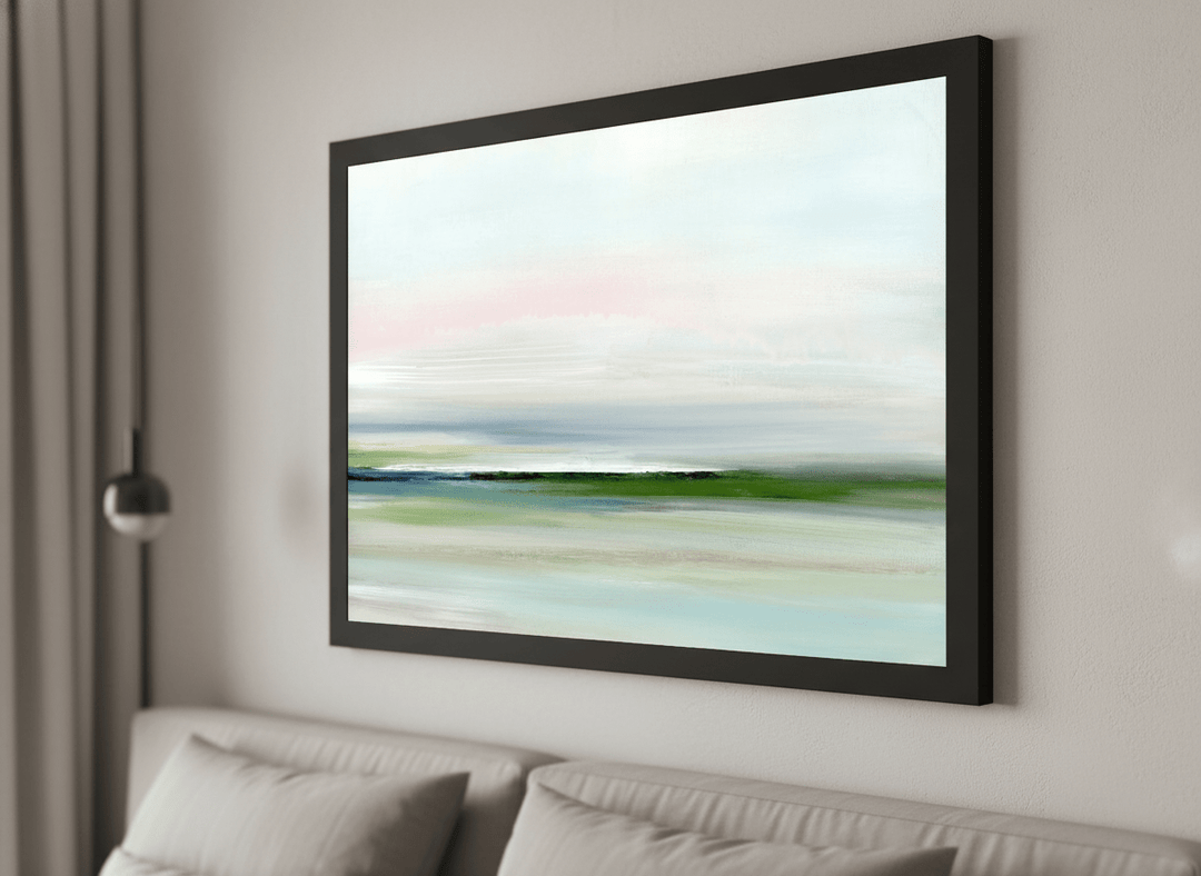 Minimalist artwork displayed in a calm, light-filled bedroom interior
