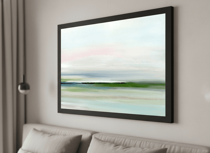 Minimalist artwork displayed in a calm, light-filled bedroom interior