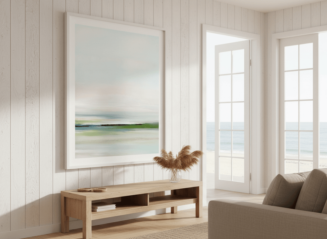 Neutral wall art displayed in a sunny coastal beach house