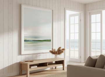 Neutral wall art displayed in a sunny coastal beach house