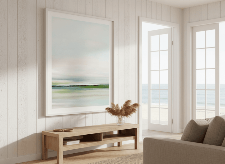 Neutral wall art displayed in a sunny coastal beach house