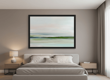 Minimalist artwork displayed in a calm, light-filled bedroom interior