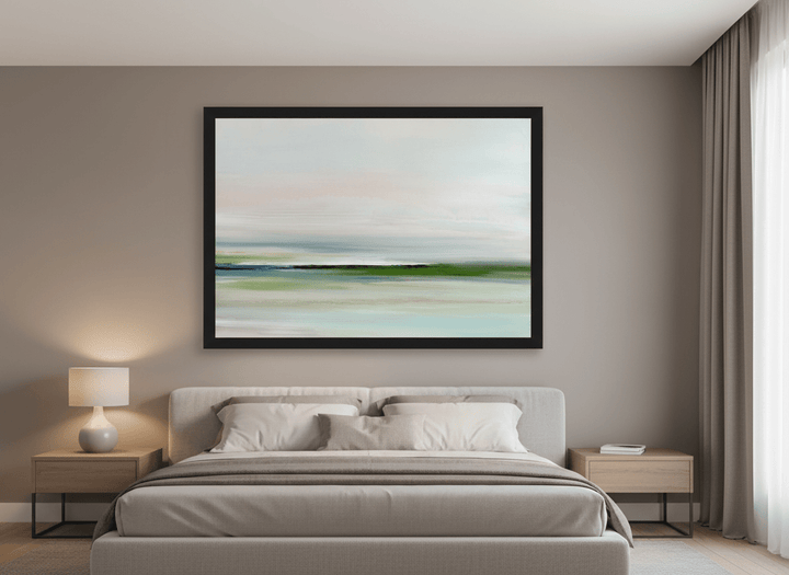 Minimalist artwork displayed in a calm, light-filled bedroom interior