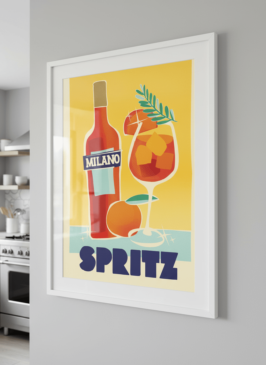 Artwork styled on the wall of a bright modern kitchen