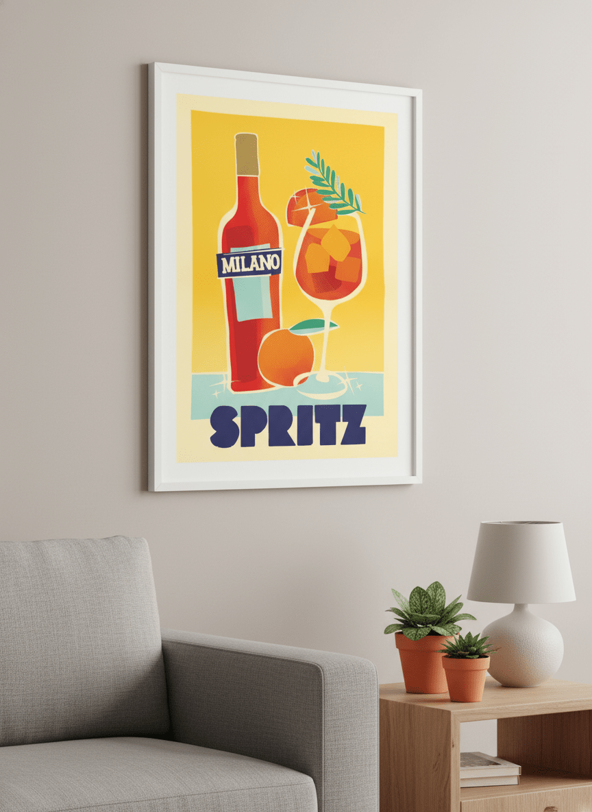 Modern wall art styled above a sofa in a neutral living room