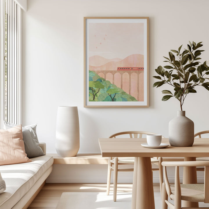 Modern living room with a painting on the wall, a sofa, and a dining table.
