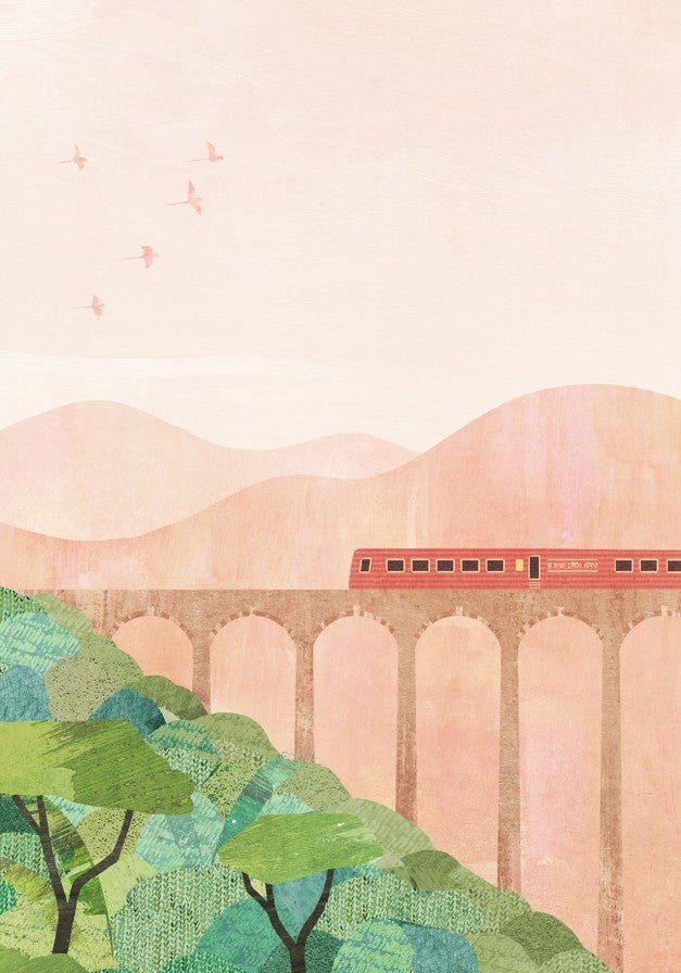 Illustration of a red train on a bridge with green trees and pink mountains in the background. framed