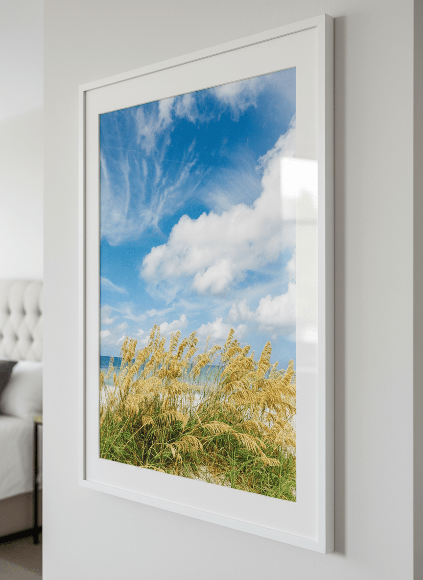 Minimalist artwork displayed in a calm, light-filled bedroom interior
