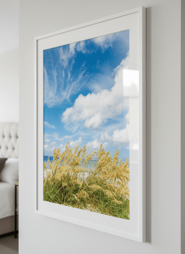 Minimalist artwork displayed in a calm, light-filled bedroom interior