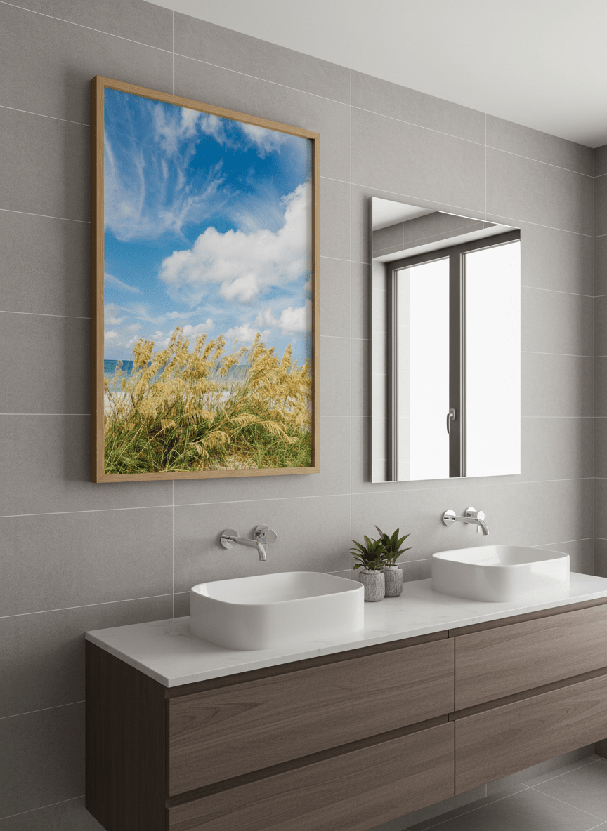 Modern print displayed in a clean minimalist bathroom setting