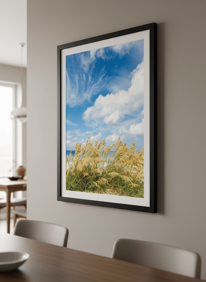 Wall art styled above a dining table in a contemporary home
