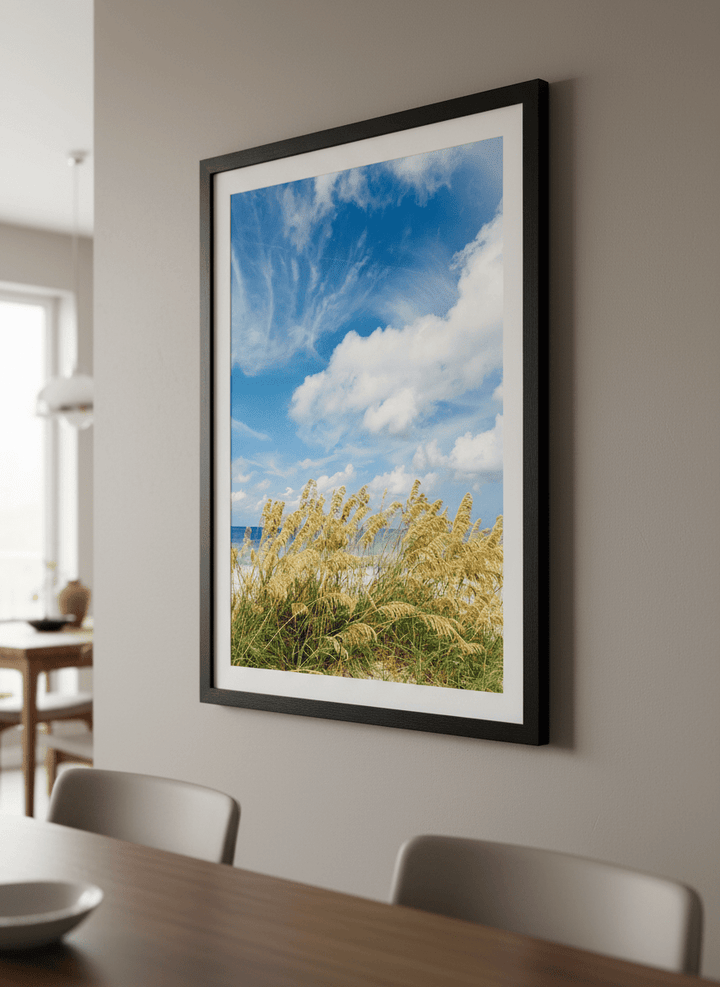 Wall art styled above a dining table in a contemporary home