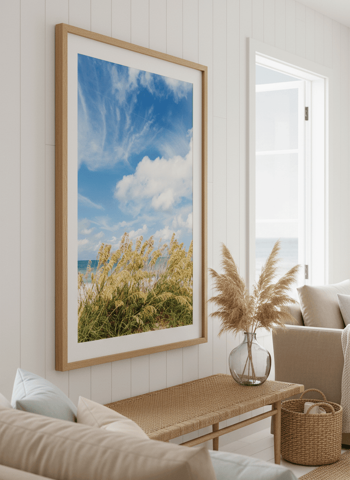 Neutral wall art displayed in a sunny coastal beach house