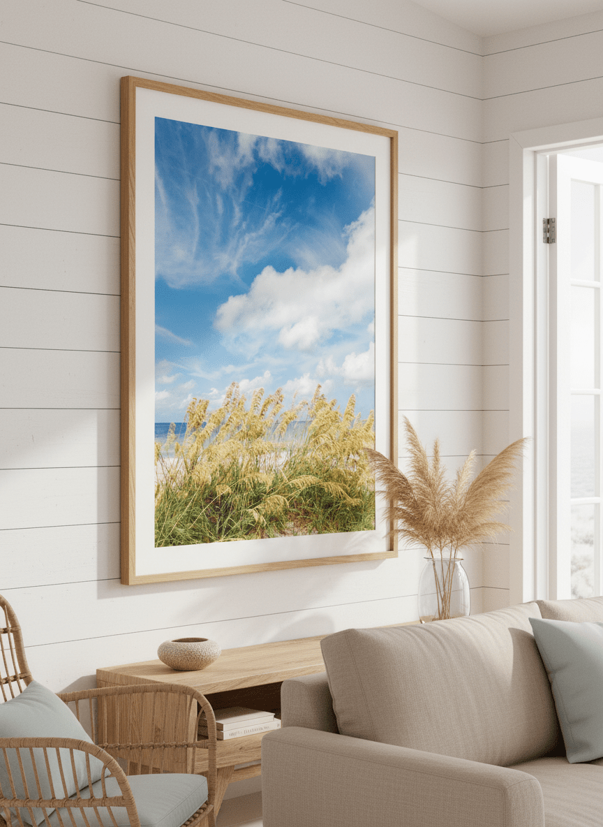 Neutral wall art displayed in a sunny coastal beach house