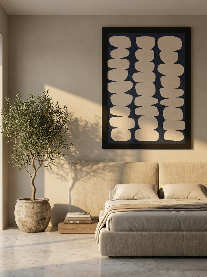 Oversized statement modern wall art print styled on the wall in a luxe bedroom
