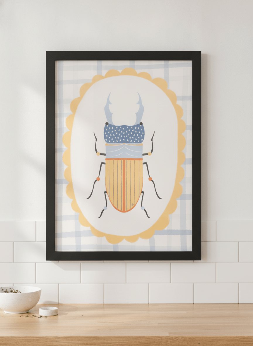 Artwork styled on the wall of a bright modern kitchen