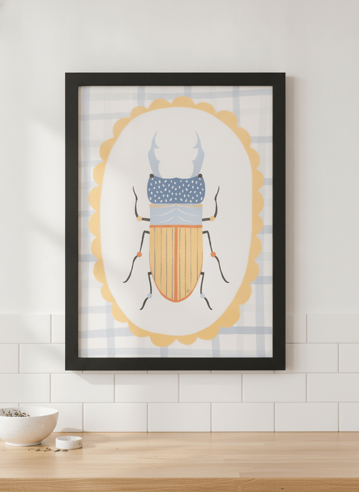 Artwork styled on the wall of a bright modern kitchen