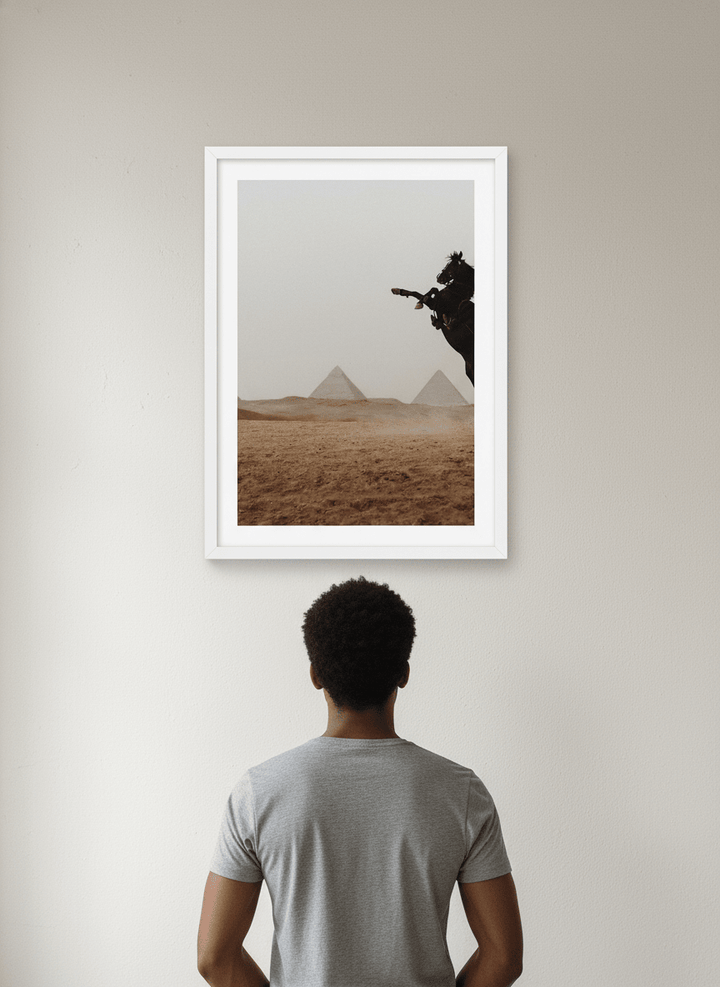 Person showcasing the artwork against a clean modern interior wall