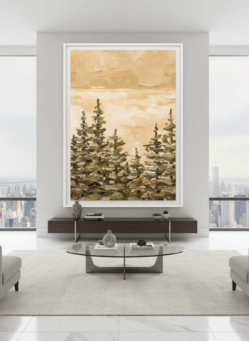 Monumental artwork centred on a feature wall in a luxe interior