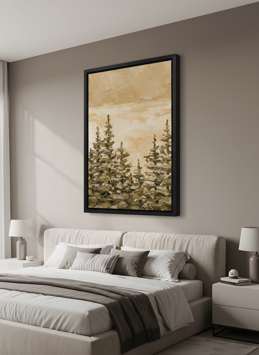 Minimalist artwork displayed in a calm, light-filled bedroom interior