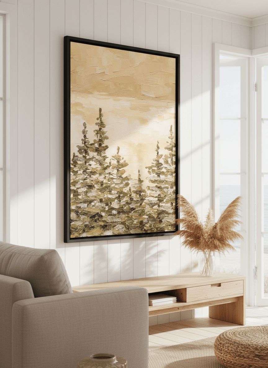 Neutral wall art displayed in a sunny coastal beach house