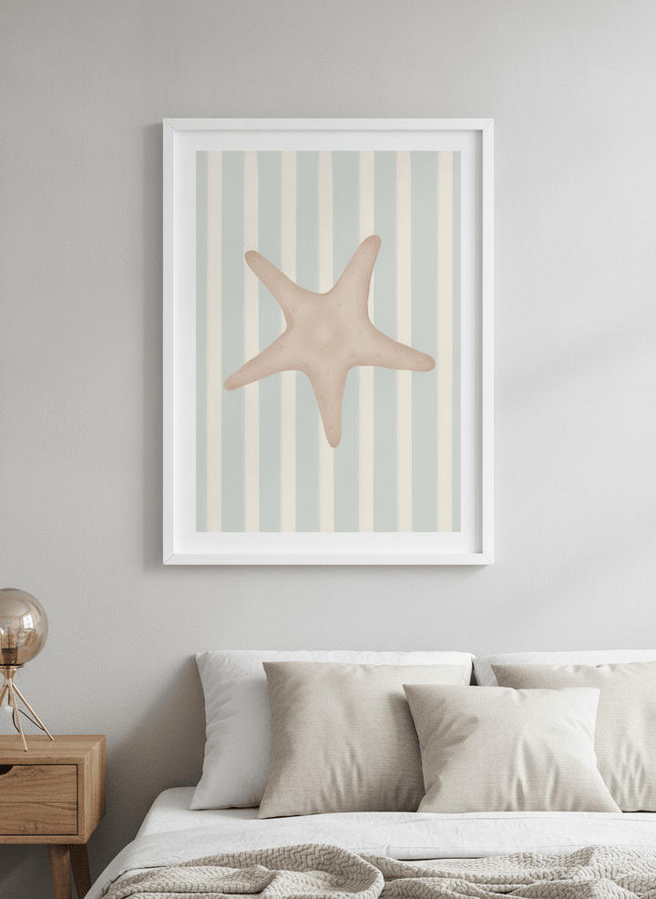 Minimalist artwork displayed in a calm, light-filled bedroom interior