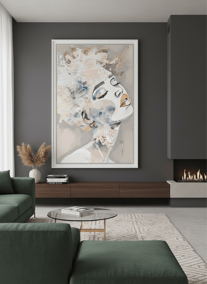 Monumental artwork centred on a feature wall in a luxe interior