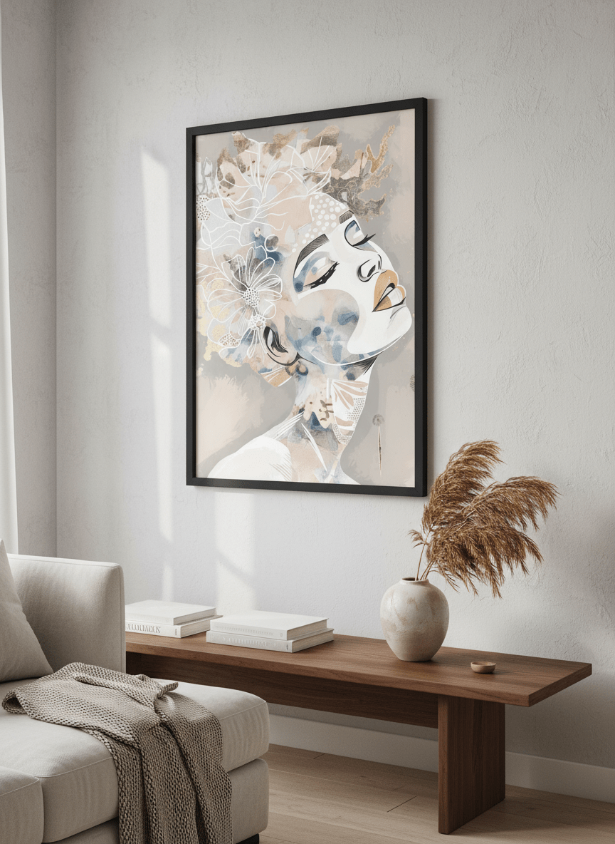 Modern wall art styled above a sofa in a neutral living room