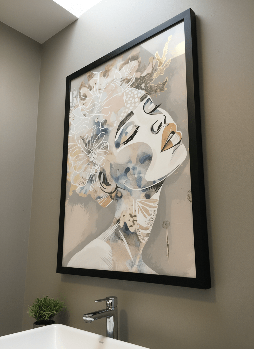 Modern print displayed in a clean minimalist bathroom setting