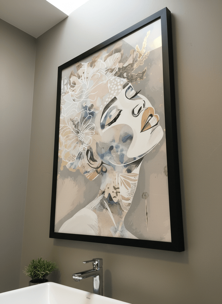 Modern print displayed in a clean minimalist bathroom setting