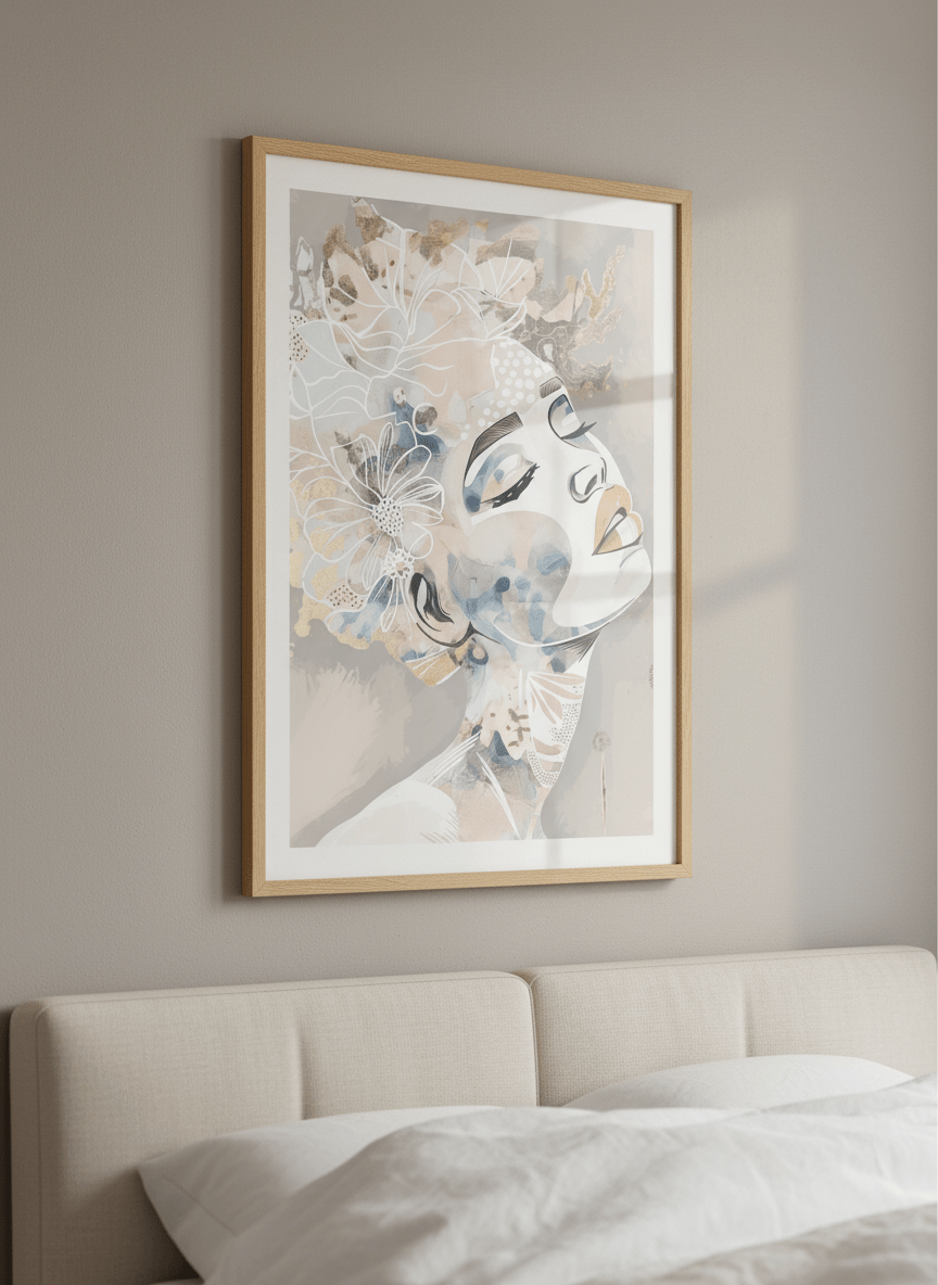 Minimalist artwork displayed in a calm, light-filled bedroom interior