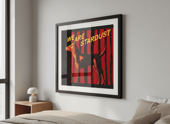 Minimalist artwork displayed in a calm, light-filled bedroom interior