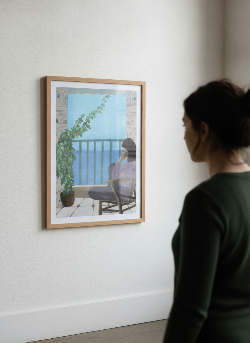 Person showcasing the artwork against a clean modern interior wall