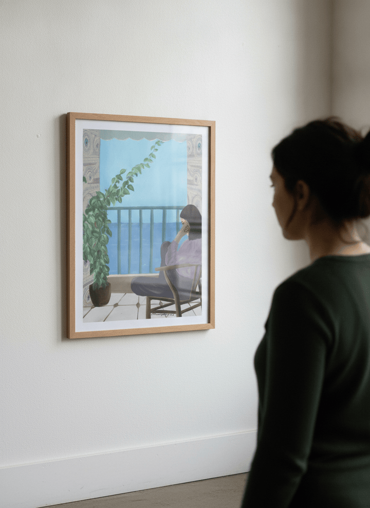 Person showcasing the artwork against a clean modern interior wall